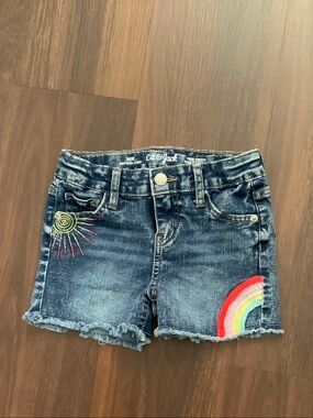 Cat & Jack Dark Wash Denim Shorts with Rainbow & Sun Embroidery